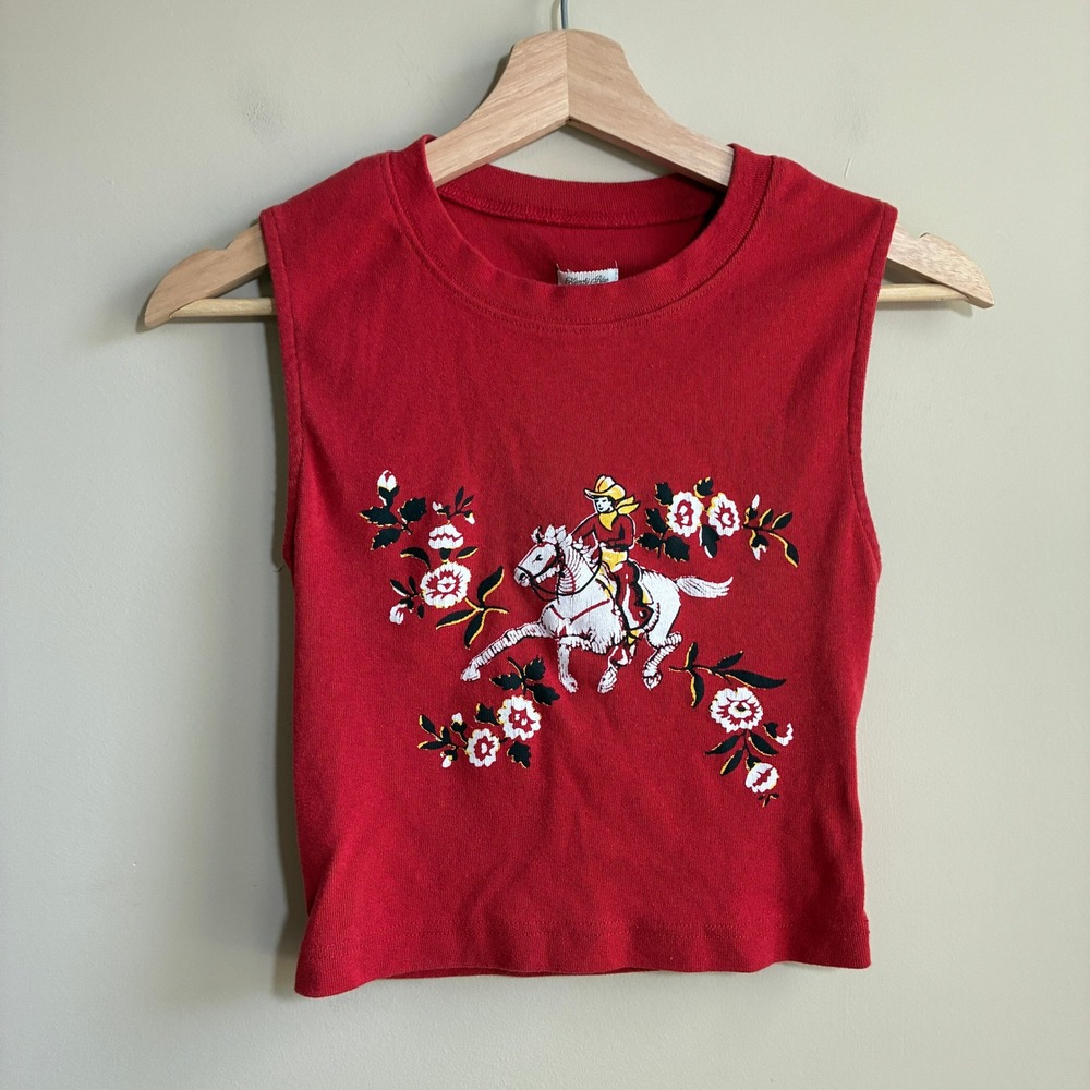 Kimchi Blue Cowgirl Graphic Crop Top Medium Red Womens Open Back Cotton